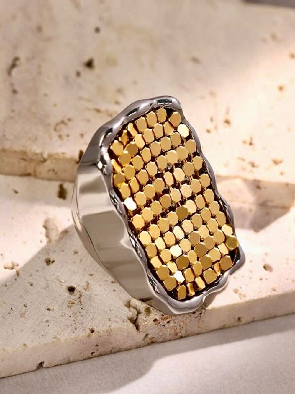 Gold Tile Mosaic Statement Ring - Women's Fashion Jewelry